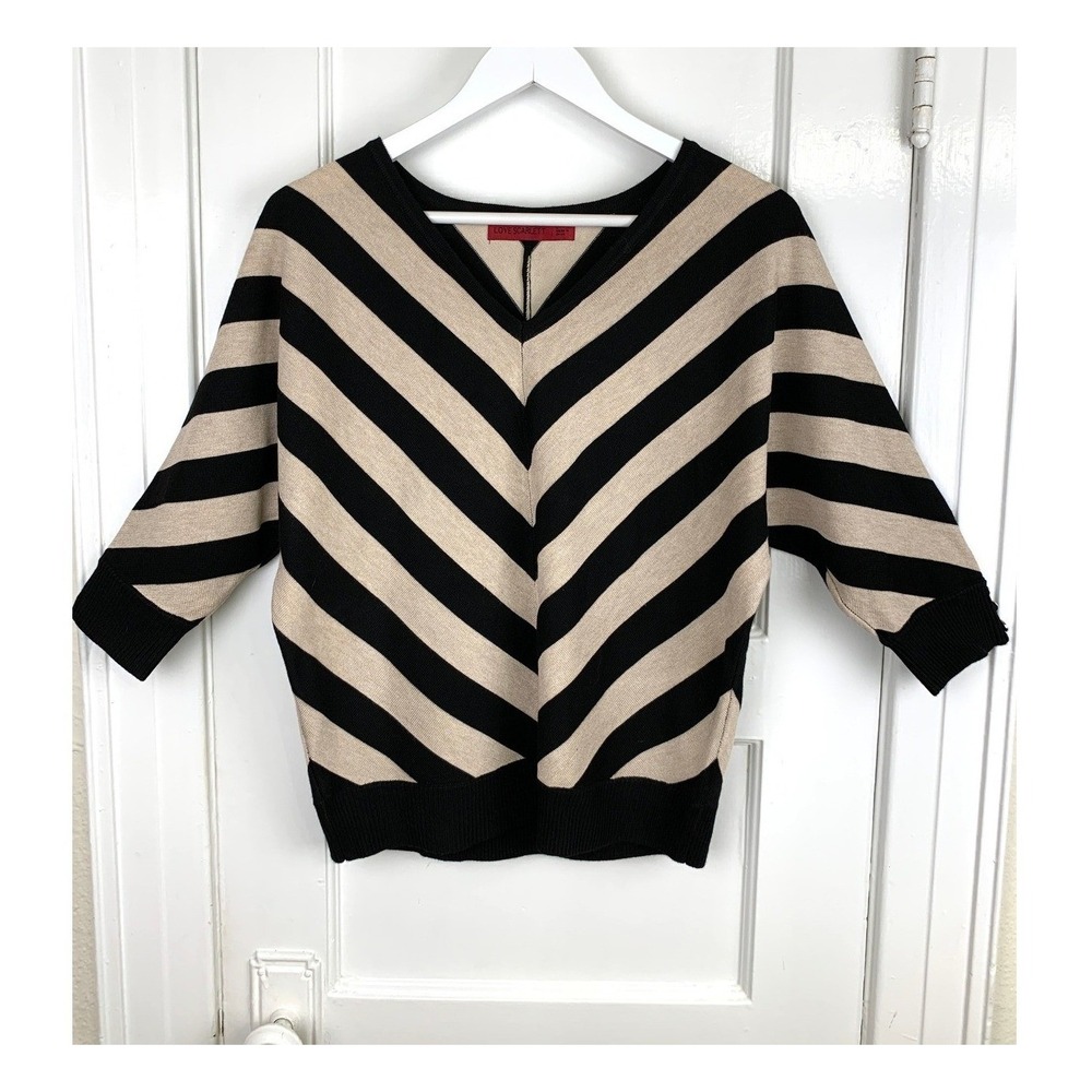 Love Scarlett Chevron Striped V-Neck Dolman Knit Sweater L Black Tan Career